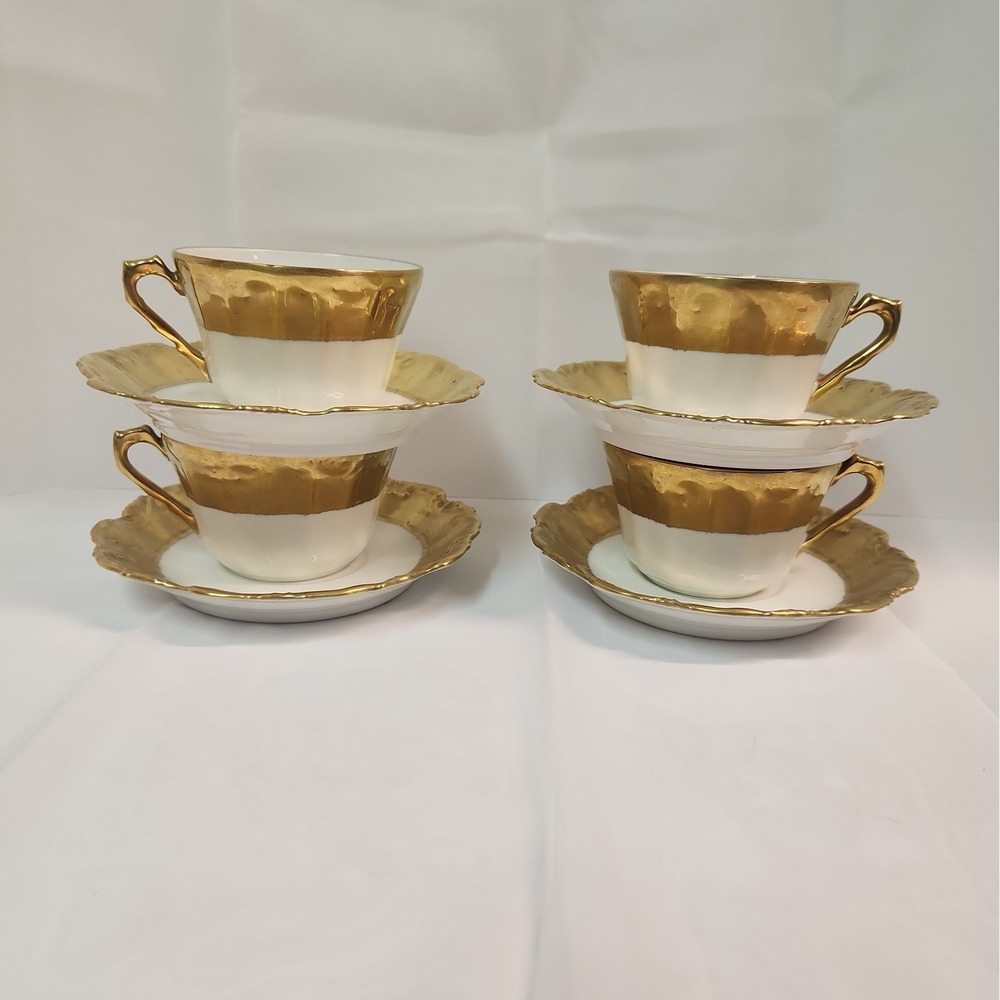 Nathan Strauss Limoges Teacup & Saucer Set of 4 White Gold VTG / Antique 20s 30s